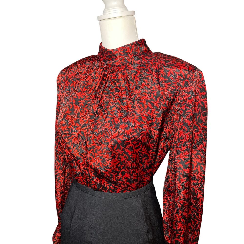 Vintage Breckenridge Red Black Satin Mock Neck Pleat Front Blouse Size 12 Petite